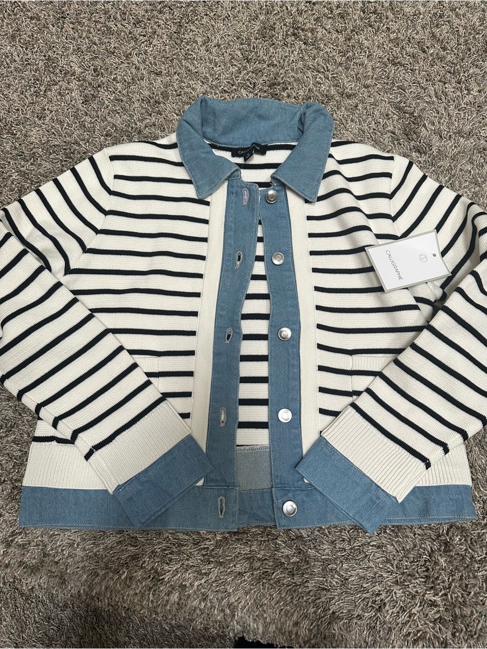 Charming Striped Knit Jacket with Denim Trim - Cream & Black